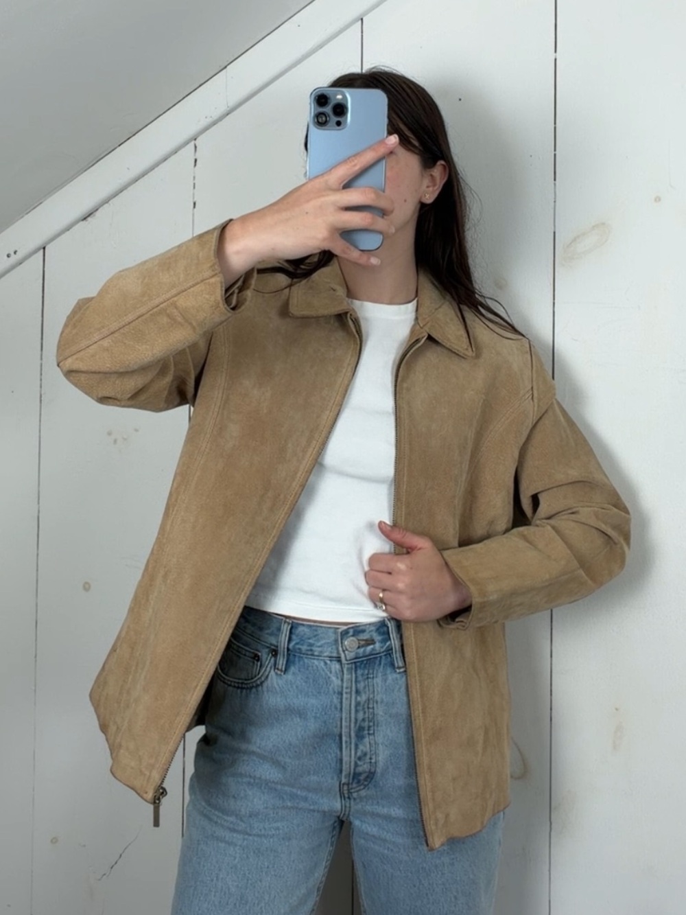 Vintage Siena Tan Suede Leather Full Zip‎ Collared Lightweight Jacket Women’s L